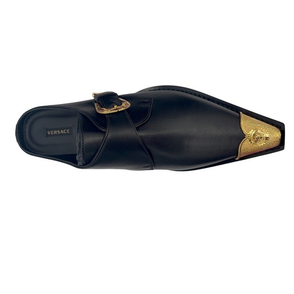 Versace Black Gold Leather Mules Heels Medusa Bucklel Women's 39.5 EU New - Picture 5 of 10